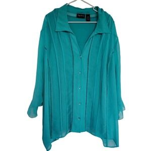 Maggie Barnes Womens Top 4X 30/32 Blue Button Down Semi Sheer V Neck Lined